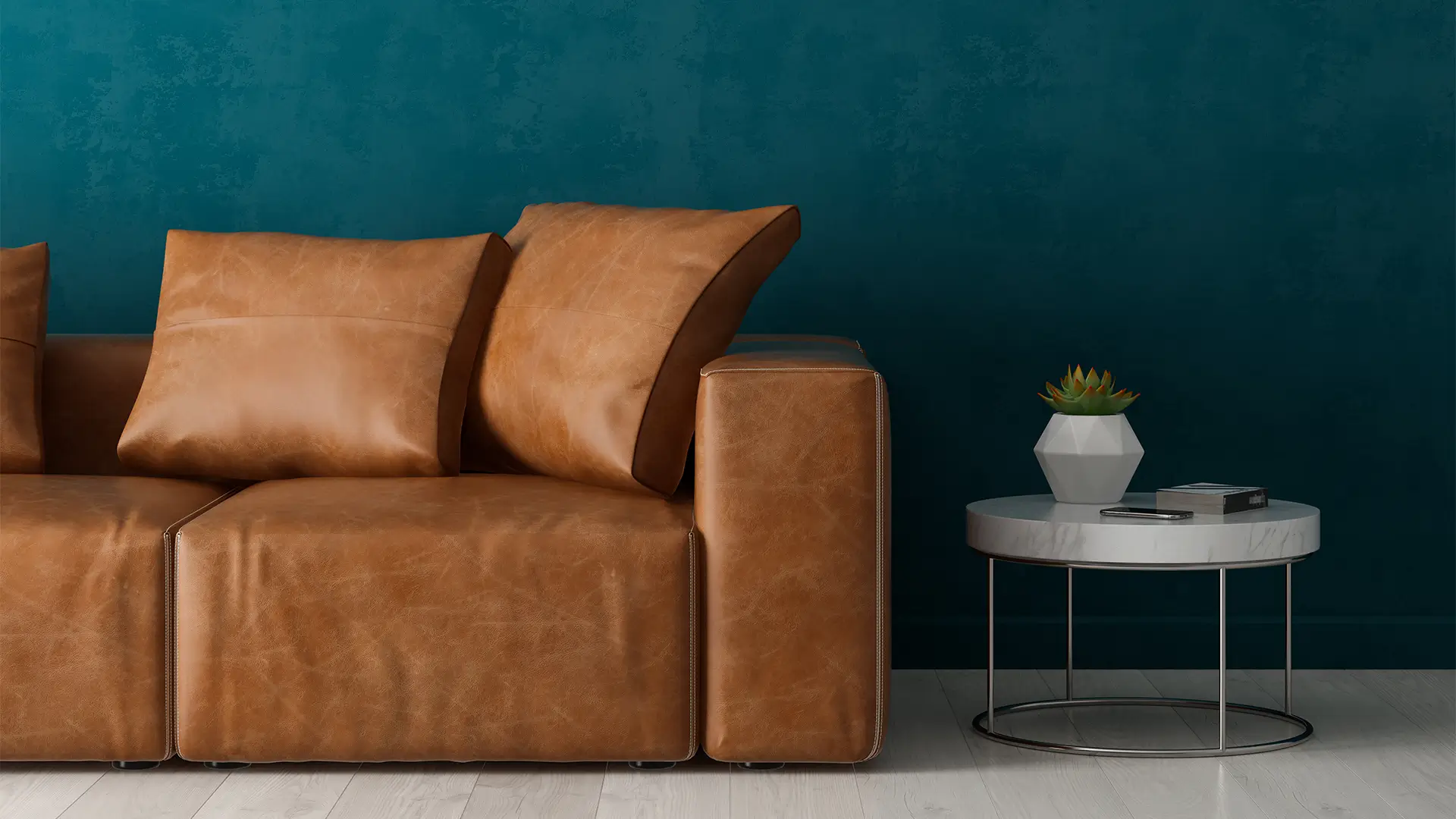 mobiliario con mueble claro y meson blanco con planta